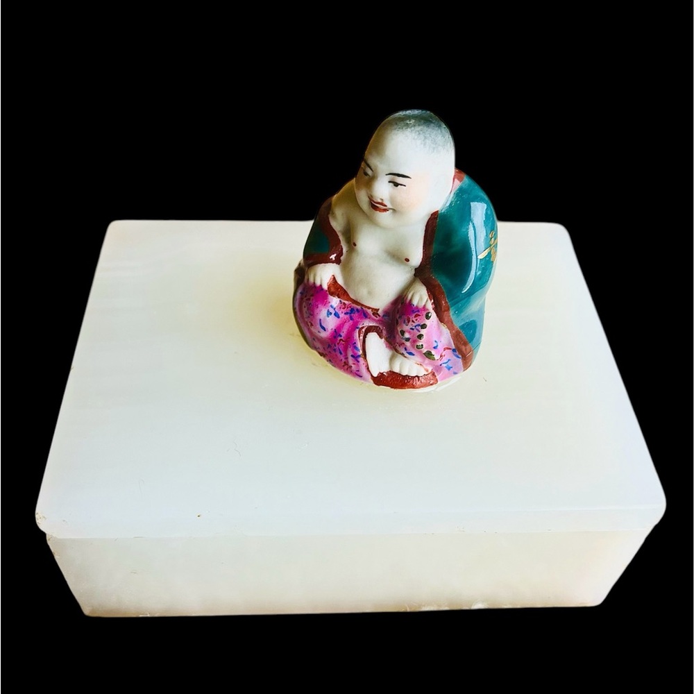 Vintage Porcelain Buddha On An Onyx Stone Box